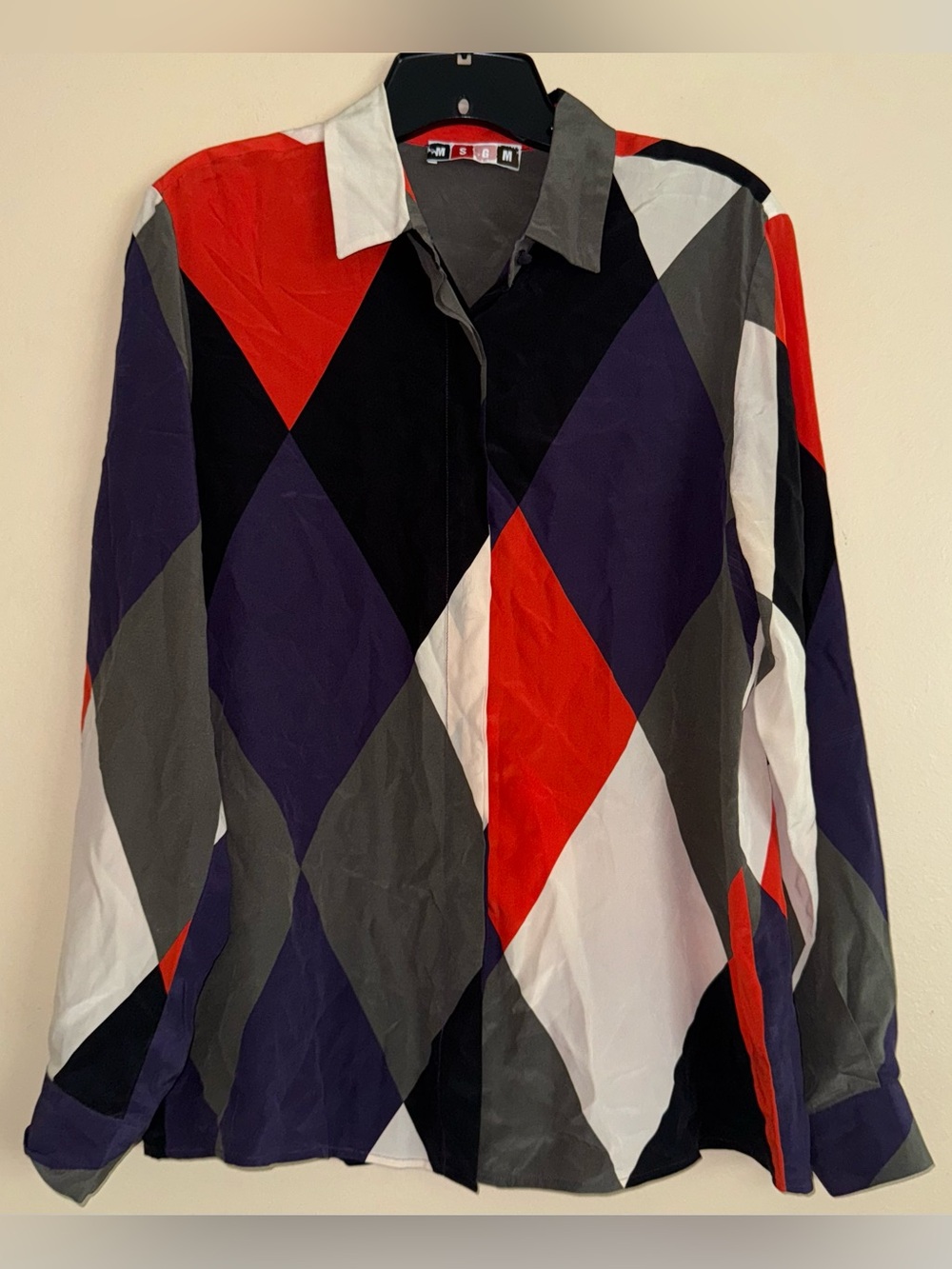 MSGM 100% Silk Geometric Color Block Pattern Button Down Shirt Blouse Size 46